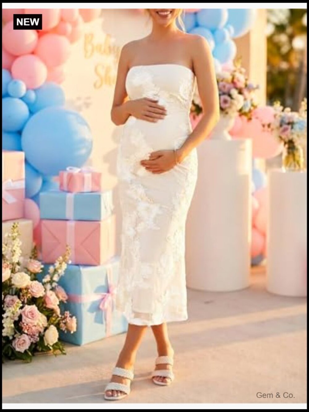 Strapless Floral Bodycon Midi Dress - Cocktail Wedding Guest Party - Picture 3 of 7